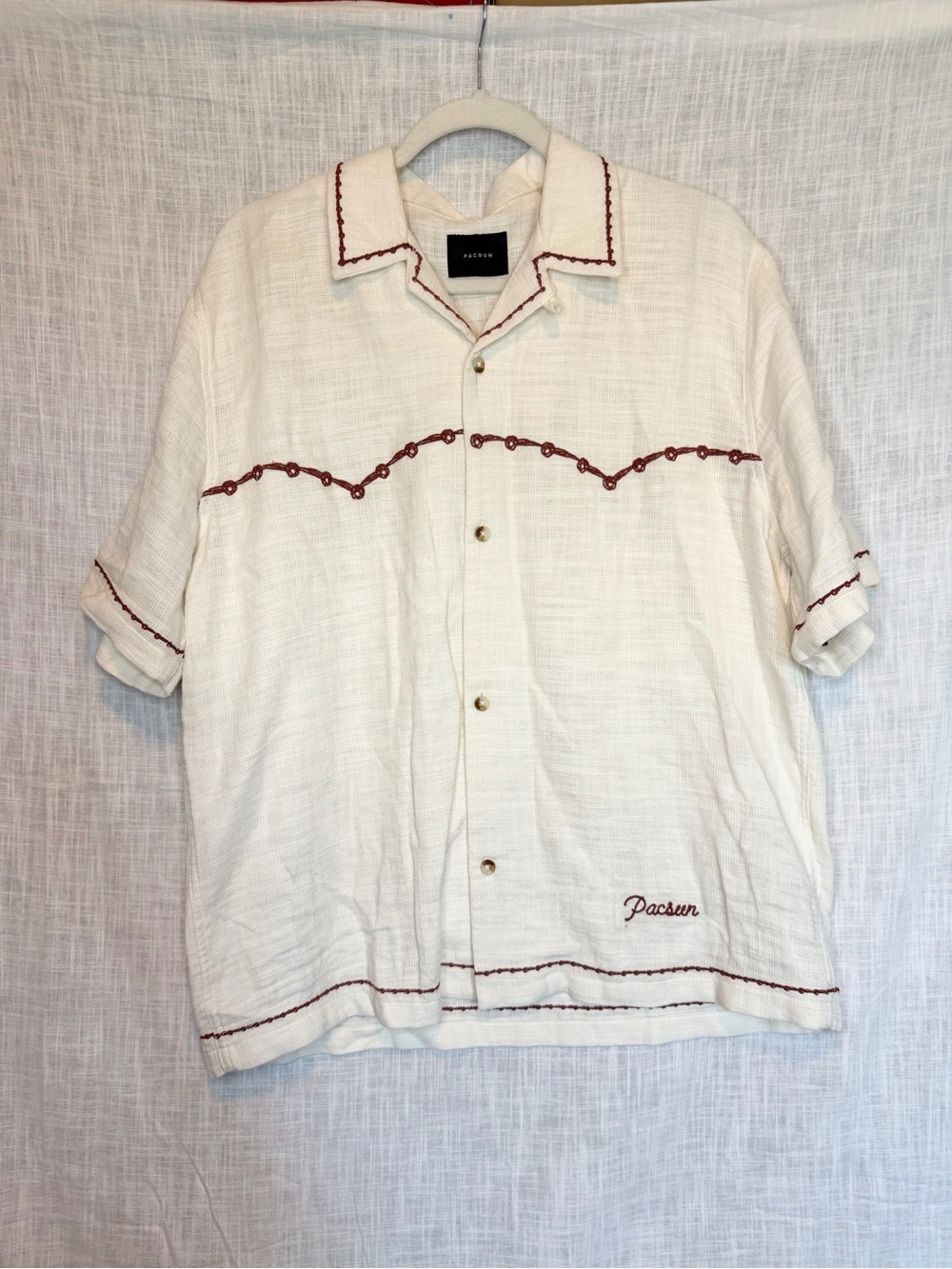 PacSun Men Western Embroidered Camp Shirt Cream Oversized S Coastal Western Y2K
